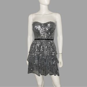 Silver Sequin Tiered Strapless‎ Mini Dress